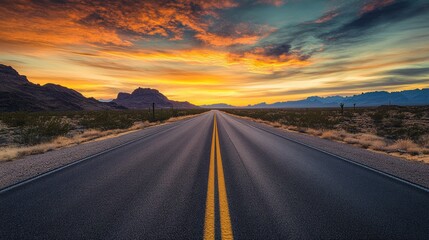 Desert road leading to mountains under vibrant sunset sky, panoramic view. Solo travel and adventure concept