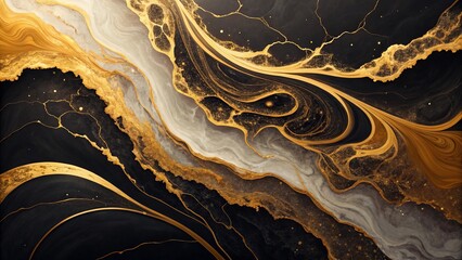 Abstract Golden Swirls with Black and White Marbled Patterns: abstract background of the waves