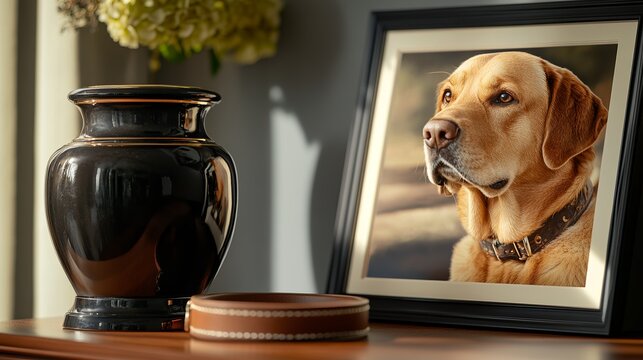 The urn with the pet's ashes, loss and remembrance at the cremation of a dog