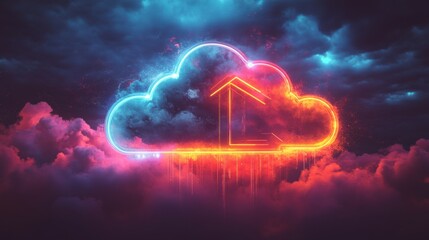 Obraz premium Vibrant Cloud Storage System With Glowing Upload and Download Indicators. Generative AI