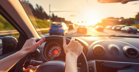 Driving into the Sunset on a Busy Highway