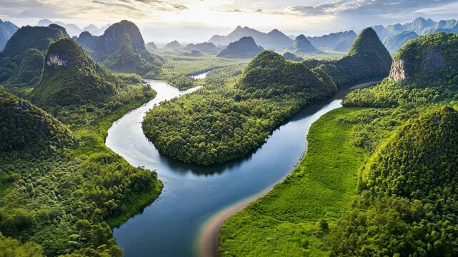 Serene River Valley: An aerial vista showcasing a meandering river winding through a lush valley, enveloped by majestic mountains, and vibrant greenery.