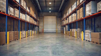 A spacious warehouse filled with stacked pallets and boxes, showcasing organized storage solutions and efficient inventory management.