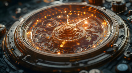 Clockwork Time: A close-up shot of a vintage clock showcasing its intricate mechanics with golden gear and precise details, against a dark background.