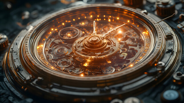 Clockwork Time: A close-up shot of a vintage clock showcasing its intricate mechanics with golden gear and precise details, against a dark background. - Powered by Adobe