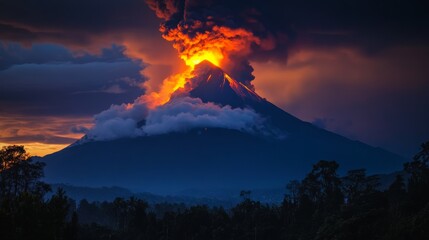 A nighttime volcanic eruption, with bright orange lava illuminating the dark sky and a glowing plume of ash rising.