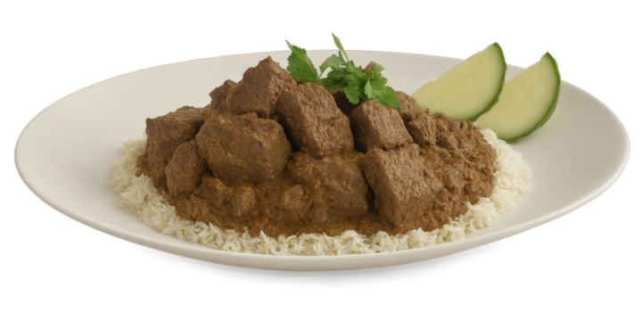 Rendang - A slow-cooked Indonesian beef stew made with coconut milk, ginger, garlic, and spices, creating a rich, fragrant,