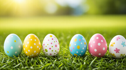 Decorated Easter eggs on green grass in sunlight