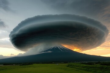 Majestic volcano under an unusual cloud formation at sunset, cre