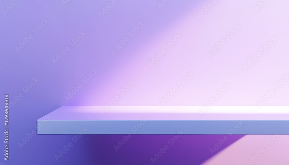 Aufkleber empty white shelf against a soft purple and pink gradient wall, minimalist product display mockup