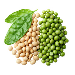 Fresh green and beige legumes, assortment of peas and beans with vibrant leaves, ideal for healthy recipes and nutrition highlights. Isolated on white background or PNG