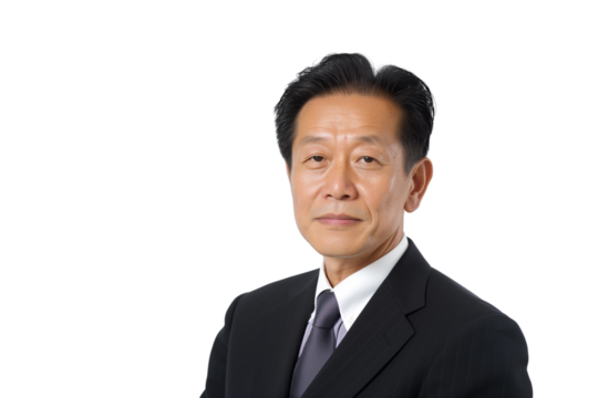 Serious middle-aged East Asian male pharmaceutical executive isolated on transparent white background