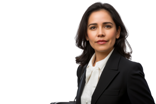 Authoritative middle-aged Latina corporate lawyer with  briefcase isolated on transparent white background