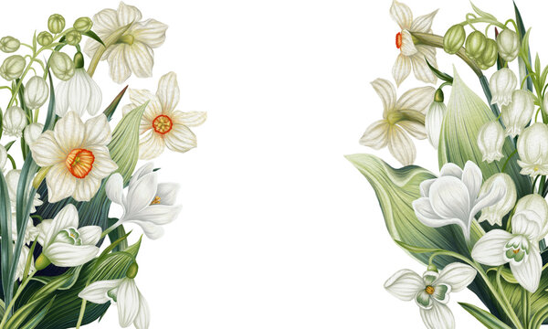Frame with white spring flowers. Watercolor daffodils, crocuses, lily of the valley and snowdrops. Floral horizontal banner template. Print for card with primroses