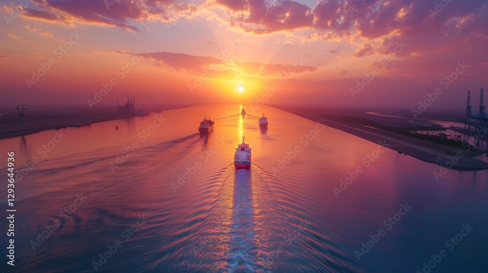 Poster cruise ships navigate a peaceful waterway as the sun sets, casting radiant colors across the sky and