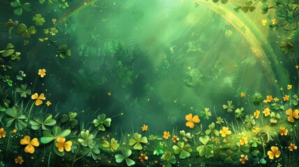 Obraz premium Enchanted Forest of Green Clovers and Shamrocks: A Magical Springtime Scene