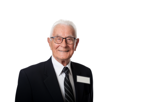 elderly White male hotel chain owner with name tag isolated on transparent white background