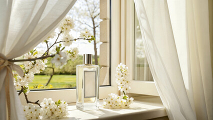 The perfume bottle is gracefully placed on the windowsill, reflecting the natural light. White flowers and light curtains create an atmosphere of freshness and sophistication.