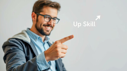 The employee points to the arrow symbolizing the development of skills and professional growth. The desire for innovation, improvement of competences and success.