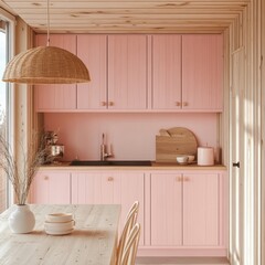 Fototapeta premium A modern pink kitchen with minimalist design and lighting
