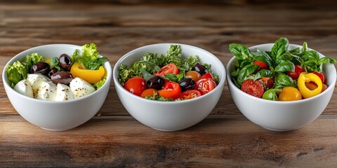 Three Colorful Bowls of Fresh Salads on Wooden Table