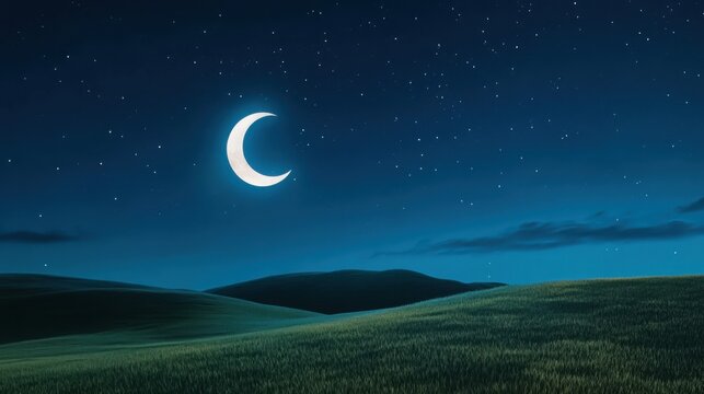 A starry night sky over a quiet countryside, the moon casting a soft glow on rolling hills, cinematic 