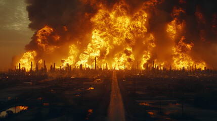 Inferno City: A cityscape engulfed in massive flames, symbolizing destruction and chaos. Capturing the raw power and devastation of a catastrophic event. 