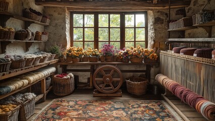 Fototapeta premium a cozy traditional spinning and weaving workshop with wooden looms, yarn-filled baskets, and natural light streaming through rustic windows. shelves lined with wool and textile materials create a war