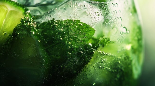 Close up view of a refreshing mojito cocktail with lime and mint leaves in a glass with water droplets