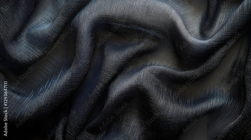 Poster Close-up of dark gray silk fabric with soft folds and drapes. Texture background image. Dark Gray Silk Fabric Texture Background