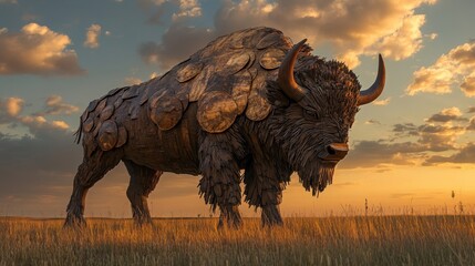 Large metal bison sculpture stands majestically in a field at dusk