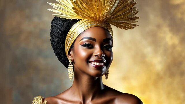 Radiant Beauty: A radiant woman of African descent, adorned with a majestic golden headdress and earrings, smiles warmly at the camera, exuding confidence and cultural pride.  