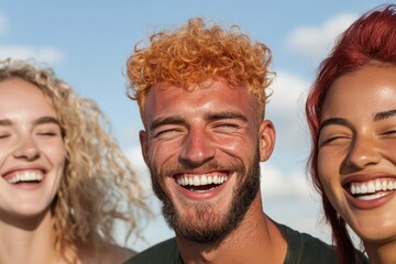 Smiling friends enjoy sunny day, showcasing diverse hairstyles a