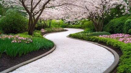 Fototapeta premium A winding garden path covered in fallen cherry blossoms, surrounded by vibrant spring flowers