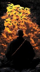 Serene Monk Contemplating at Sunset with Birds in Flight