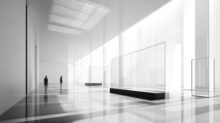 Modern gallery interior, empty exhibition space, architectural display