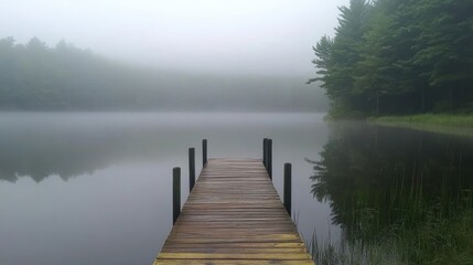Wooden pier stretches out into the still lake and mist