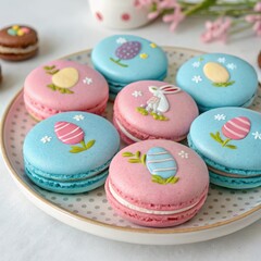 Obraz premium Easter macarons on a decorative plate with pastel colors and festive patterns