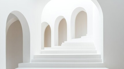 Fototapeta premium White arched stairway, minimalist interior, bright light, architectural design, for use in modern home decor catalogs or websites