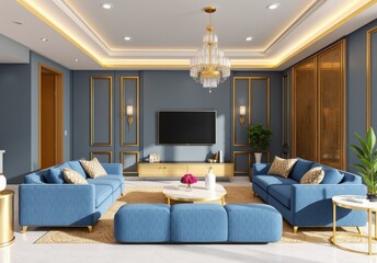  Interior of living room with blue sofa 3d rendering