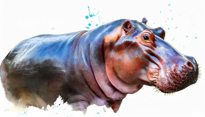 Striking Watercolor Illustration of an Isolated Hippopotamus on a White Background, Capturing the Majestic Mood and Texture of Natures Gentle Giants