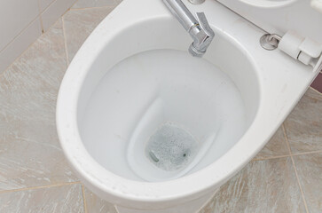 A housekeeper's gloved hand cleans a toilet with household chemicals