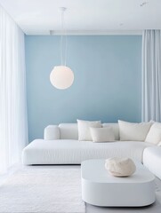 Modern interior of a living room with a white sofa
