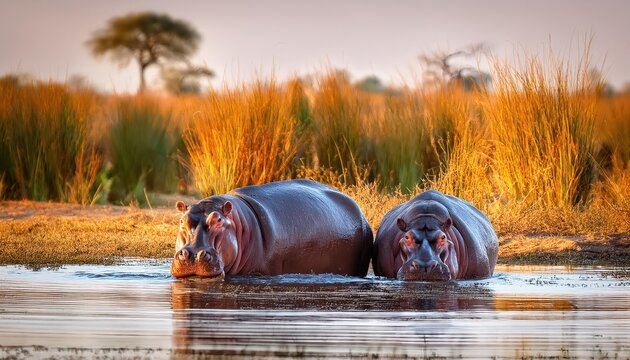 Fototapeta Majestic Moment Hippos Gathering by Sunsets Glow in the Heart of Okavango Delta, Botswana, Africa Witness a Stunning Encounter in the Wild