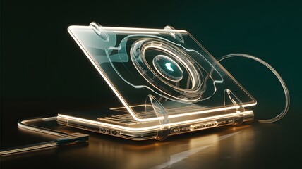 A glowing, transparent laptop with a futuristic design.