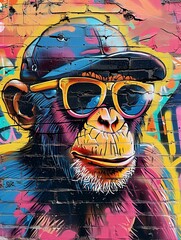 A funky graffiti art of a monkey with a cap and sunglasses, vibrant and edgy, dynamic view, graffiti-covered wall background