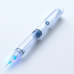 A sleek and modern insulin pen, symbolizing convenient and precise insulin administration for diabetes management, with a white background and subtle blue highlights. Generative AI