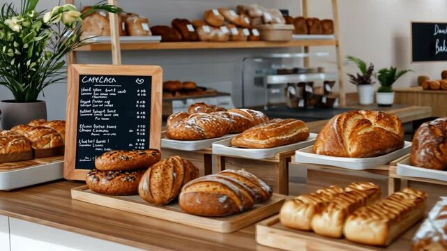 Artisan Bread Display: A delightful display of freshly baked artisan bread, showcasing a variety of loaves and pastries, all arranged on wooden platters.