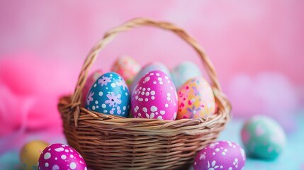 Fototapeta premium Basket filled with decorated Easter eggs, symbolizing the joy and tradition of Easter celebrations.