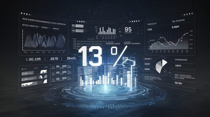 A holographic data visualization system projecting numbers and graphs.